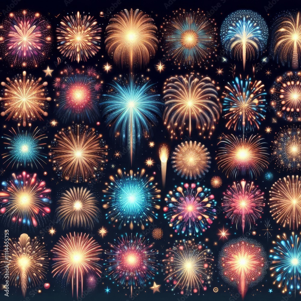 Fototapeta premium Big set of various fireworks with brightly shining sparks. Colorful pyrotechnics show. Realistic fireworks celebration isolated vector illustration. Beautiful light performance in night sky.