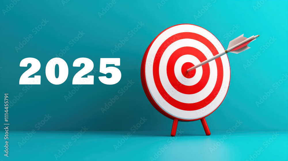 Bullseye target with arrow hitting center representing goals for 2025. Generative AI Bullseye target with arrow hitting center representing goals for 2025. Generative AI