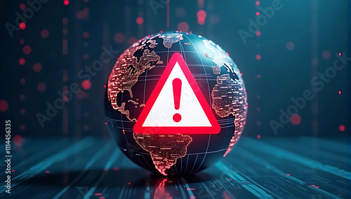 A red warning icon with an exclamation mark placed over a globe wrapped in a digital grid, symbolizing global cybersecurity threats and risk management. photo