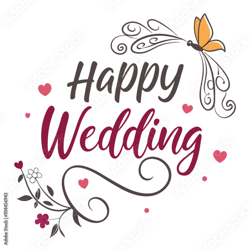 happy wedding typography white background.