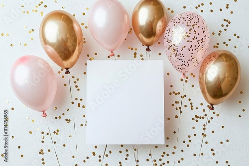 Wallpaper Mural A blank white card surrounded by powder and gold balloons on light pastel background with confetti scattered around for elegant party invitation mockup template Torontodigital.ca