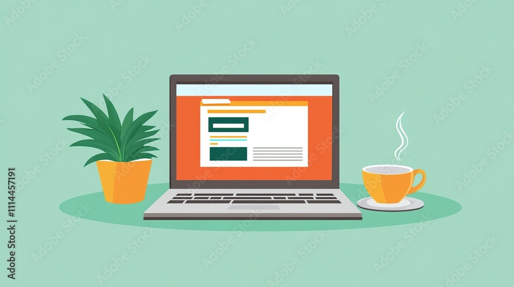 Laptop with login form, plant, and coffee. Laptop with login form, plant, and coffee.