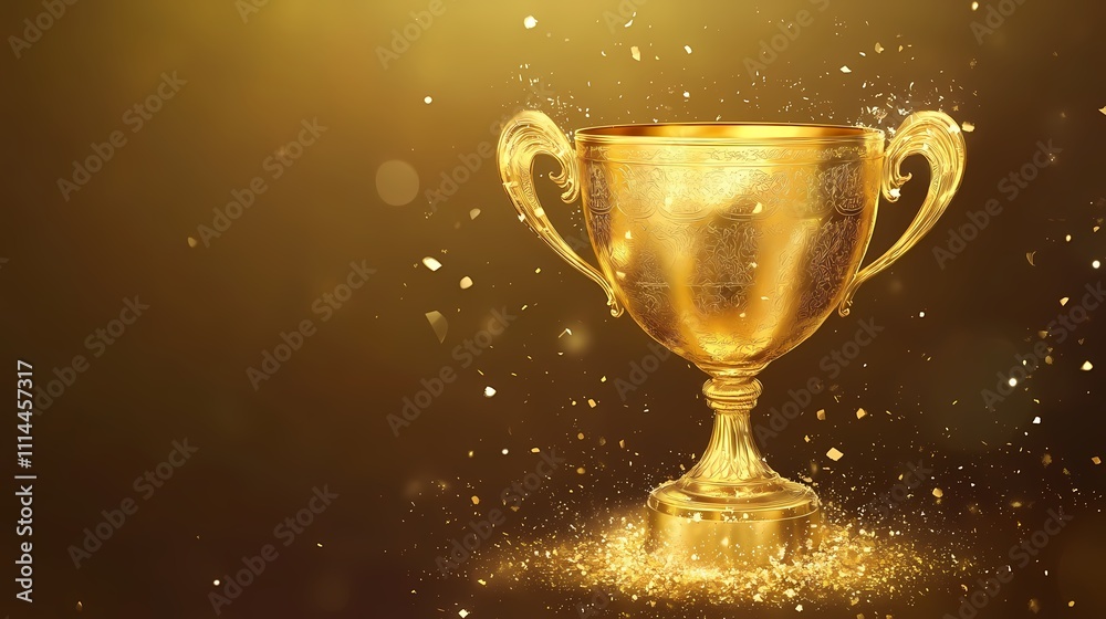 A stunning golden trophy sparkling against a warm golden background, symbolizing victory and achievement.