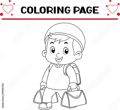 muslim boy is happy travel coloring page for kids