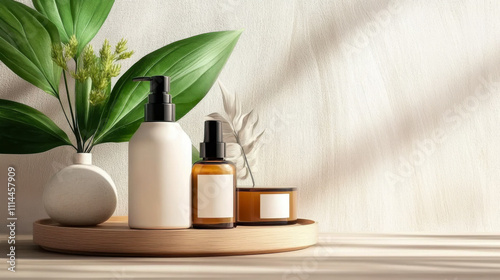 Stylish display of skincare bottles and a decorative plant