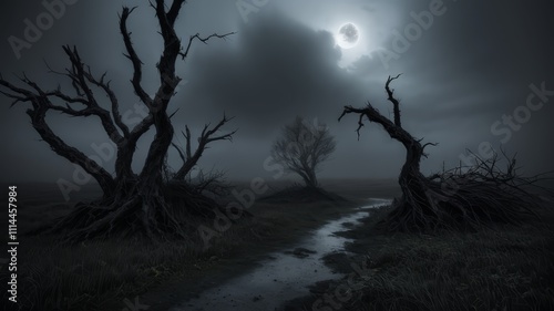 Spooky forest under a glowing full moon on a misty Halloween night