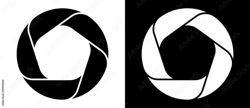 Obraz premium Rotate circle with 5 parts. A spiral with rounded ends as an icon, logo or symbol. Dynamic design element. A black figure on a white background and an equally white figure on the black side.
