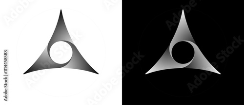 Geometric triangle shape as modern design element, logo or icon. A dark figure on a white background and an equally light figure on the black side.