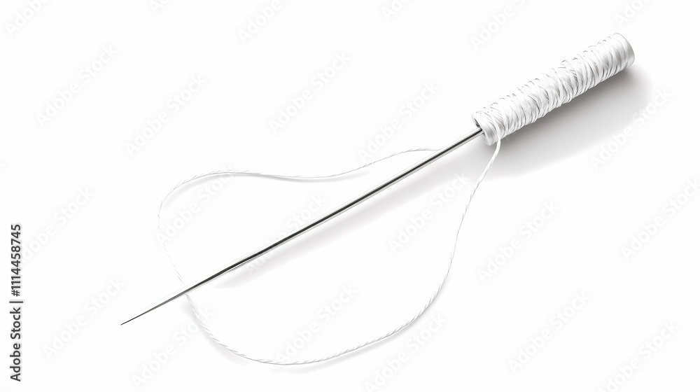 Obraz premium A close-up of a silver sewing needle with white thread, symbolizing craftsmanship and creativity in sewing.