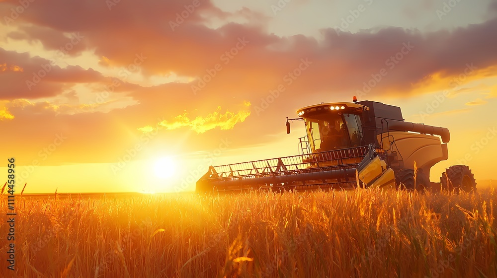 Fototapeta premium A modern agricultural harvester working in a golden wheat field at sunset, capturing the beauty of rural farming.