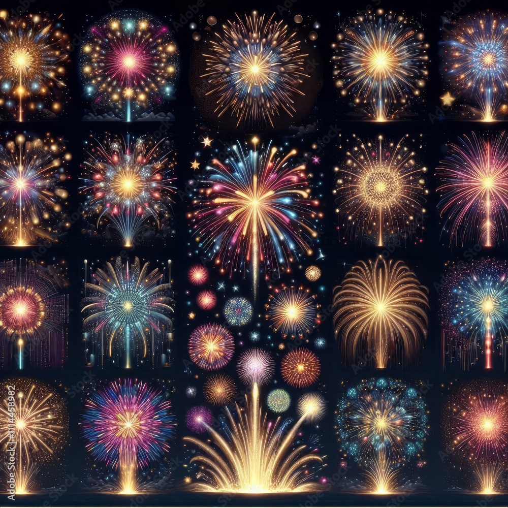 Fototapeta premium Big set of various fireworks with brightly shining sparks. Colorful pyrotechnics show. Realistic fireworks celebration isolated vector illustration. Beautiful light performance in night sky.
