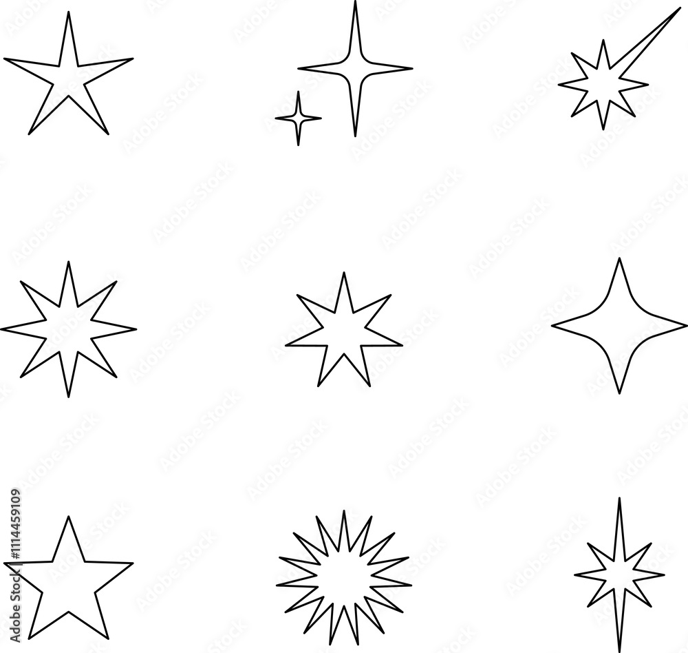 Minimalist silhouette stars icon set, twinkle shining star shape symbols, icons, elements. Modern geometric sparkle black silhouettes sign Minimalist silhouette stars icon set, twinkle shining star shape symbols, icons, elements. Modern geometric sparkle black silhouettes sign