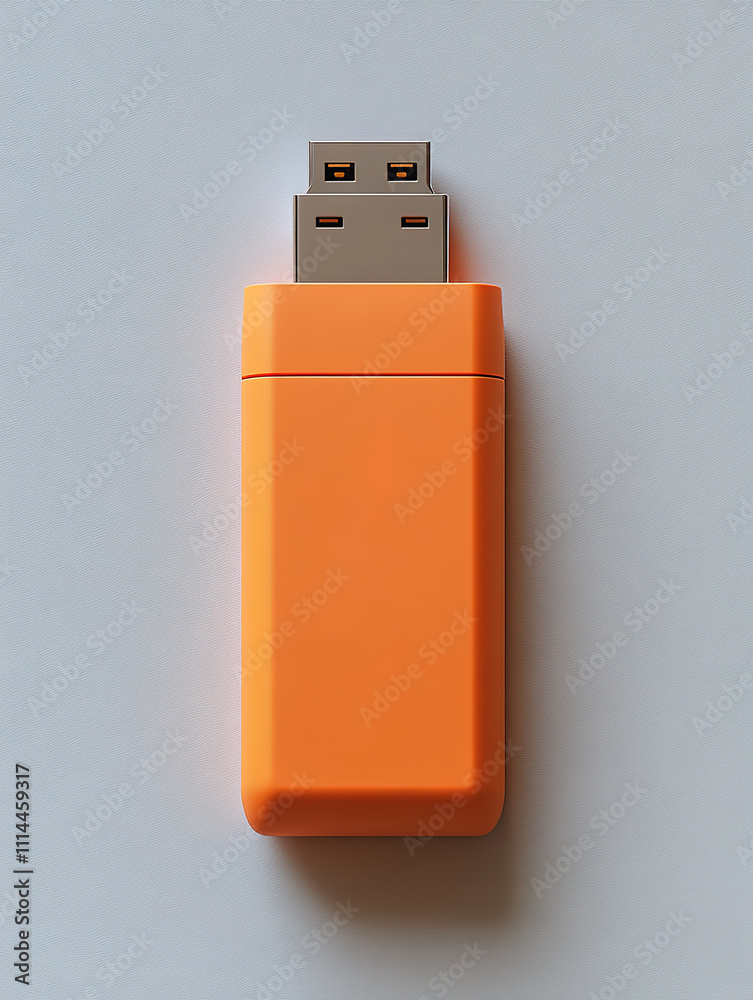 Small orange USB flash drive is sitting on a white wall Small orange USB flash drive is sitting on a white wall