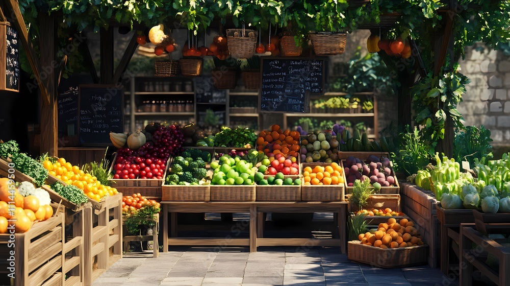 A vibrant farmers market showcasing fresh fruits and vegetables in wooden crates under a lush canopy. A vibrant farmers market showcasing fresh fruits and vegetables in wooden crates under a lush canopy.