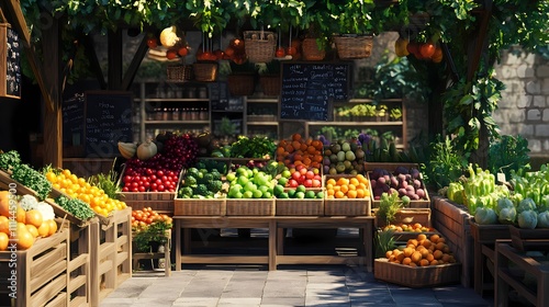 A vibrant farmers market showcasing fresh fruits and vegetables in wooden crates under a lush canopy.