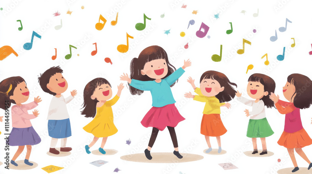 Joyful Group of Children Singing and Dancing Together Under Colorful Music Notes in a Fun and Vibrant Illustration Joyful Group of Children Singing and Dancing Together Under Colorful Music Notes in a Fun and Vibrant Illustration