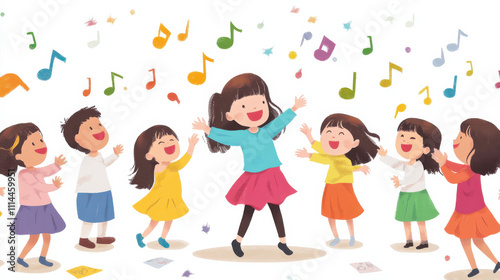 Joyful Group of Children Singing and Dancing Together Under Colorful Music Notes in a Fun and Vibrant Illustration