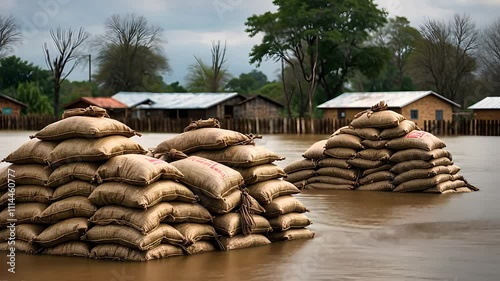 Flooded Village with Sandbag Barriers Protecting Homes

 photo