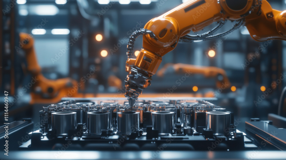 Advanced Robotic Arm Performing Precision Assembly in High-Tech Manufacturing Facility with Industrial Equipment and Automated Process Advanced Robotic Arm Performing Precision Assembly in High-Tech Manufacturing Facility with Industrial Equipment and Automated Process