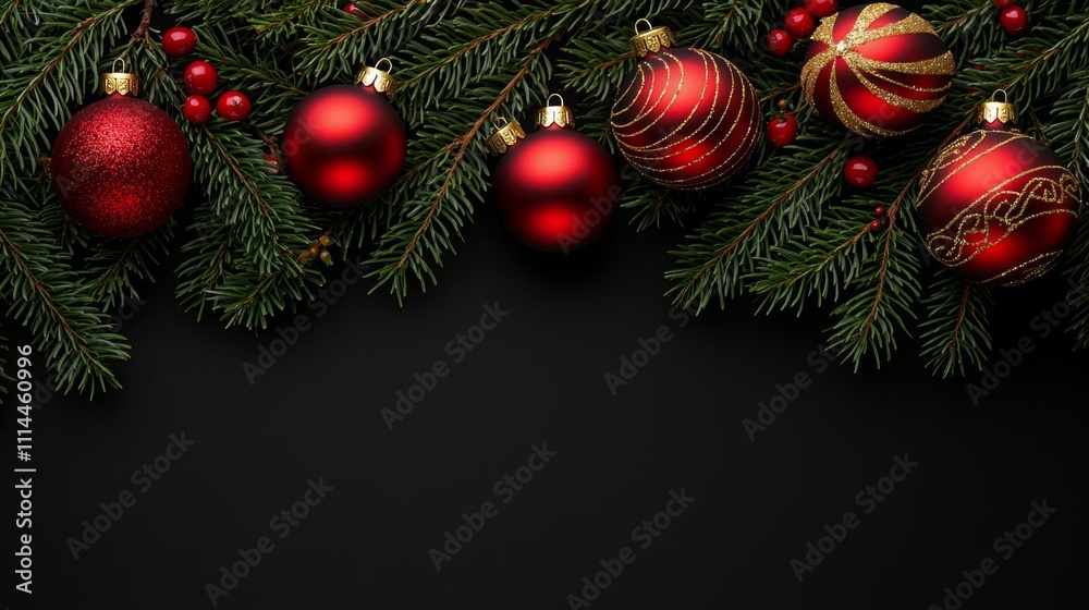 Christmas background with fir branches and red baubles on black background with copy space for text , isolated on white background, , copy space, copy space for text, Christmas background with fir branches and red baubles on black background with copy space for text , isolated on white background, , copy space, copy space for text,