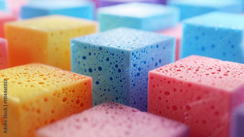 Colorful sponges in various hues, showcasing texture and moisture.