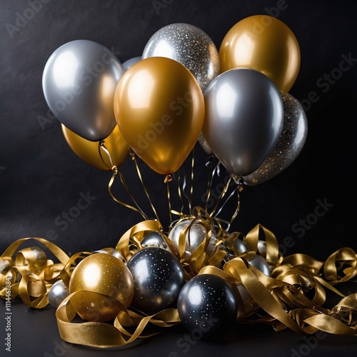 Fiesta lujosa de Año Nuevo con globos dorados y plateados con fondo negro. Tarjeta de fin de año photo