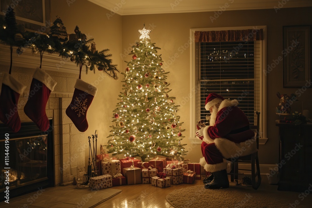 custom made wallpaper toronto digitalCozy christmas eve with santa by the tree for holiday decor design.