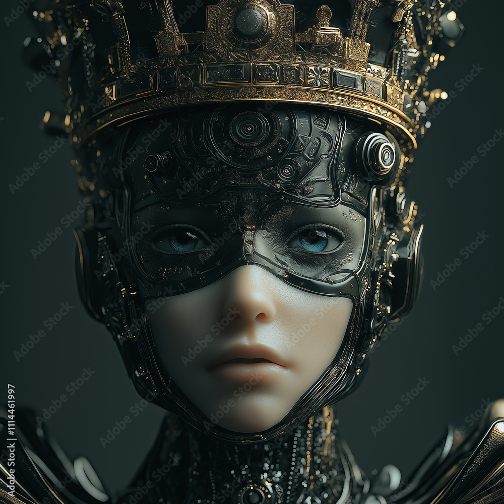 A striking humanoid robot figure with a detailed mask and crown. A striking humanoid robot figure with a detailed mask and crown.