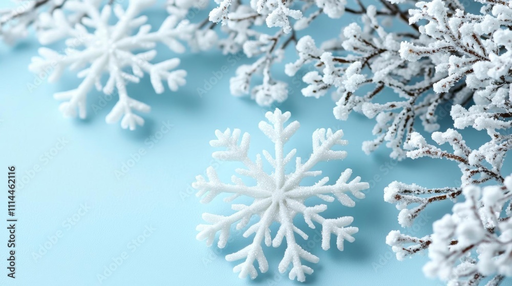 Elegant modern Christmas border with white snowflakes and Xmas decorations on a pastel blue background , isolated on white background, , copy space, copy space for text, Elegant modern Christmas border with white snowflakes and Xmas decorations on a pastel blue background , isolated on white background, , copy space, copy space for text,