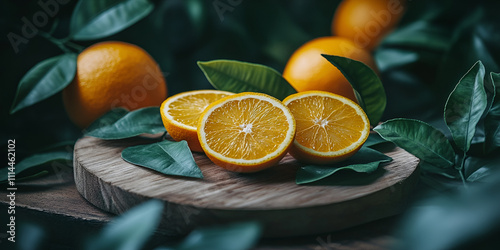 Fresh Sliced Oranges with Green Leaves on Rustic Background photo