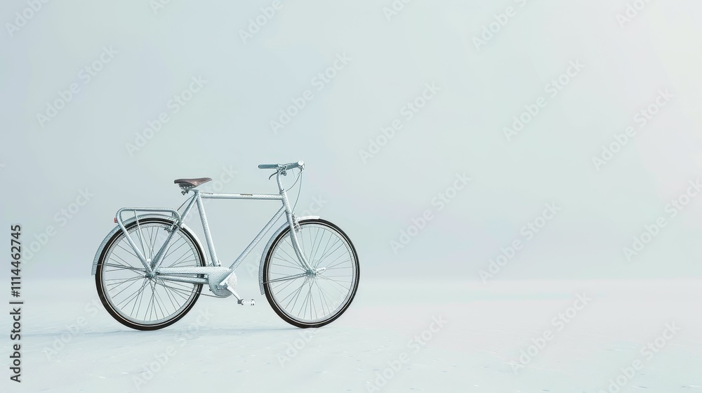 Fototapeta premium A minimalist white bicycle stands alone against a pale backdrop, embodying simplicity and tranquility.