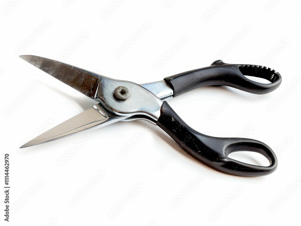 A pair of scissors with a black handle and shiny metal blades, positioned on a white background. A pair of scissors with a black handle and shiny metal blades, positioned on a white background.