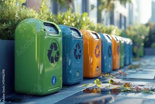 Modern recycling bins in urban environment highlighting sustainability practices. photo