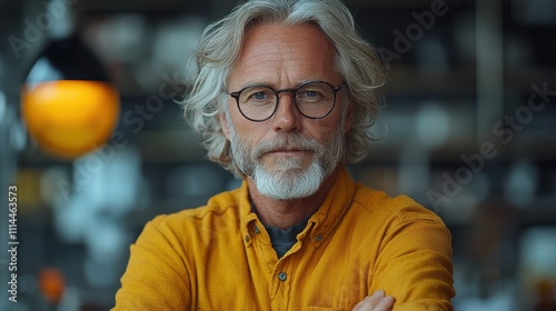 A middle-aged man with grey hair and a beard stands confidently with crossed arms in a warm, inviting cafe. The soft lighting enhances the relaxed atmosphere. Generative AI