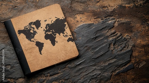 Creative passportsized map booklet on a rustic desk, ready for international travel photo