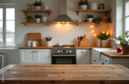 Empty table in the kitchen for presentation. Christmas decor.