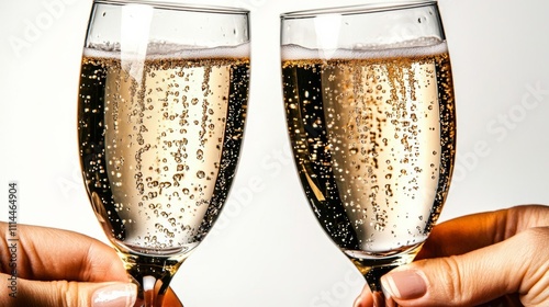 Two touched glasses with Champagne, splashes in different directions, isolated on white background , isolated on white background,  , copy space, copy space for text, photo