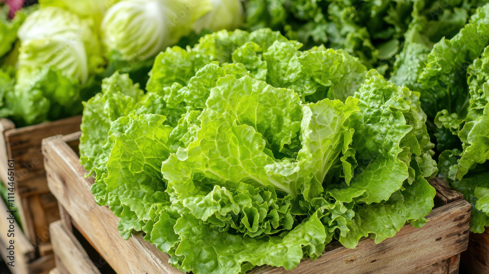 Fresh green lettuce displayed in wooden crates at farmers market, vibrant and healthy Fresh green lettuce displayed in wooden crates at farmers market, vibrant and healthy