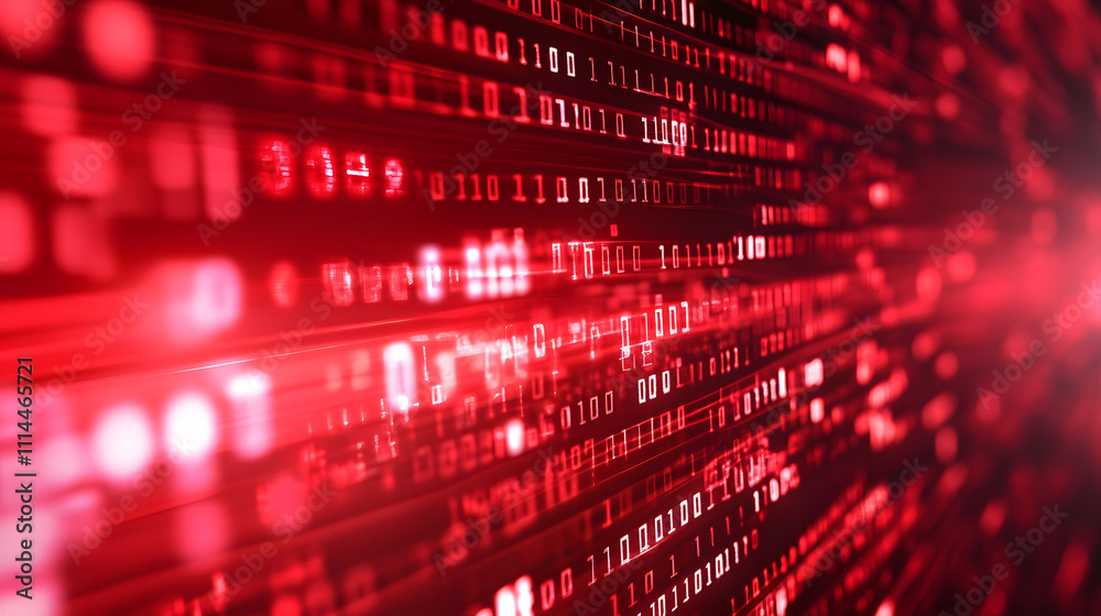 Digital data stream of binary nubers and glass fiber lines, red technology background, concept for cyber security and modern information exchange Digital data stream of binary nubers and glass fiber lines, red technology background, concept for cyber security and modern information exchange
