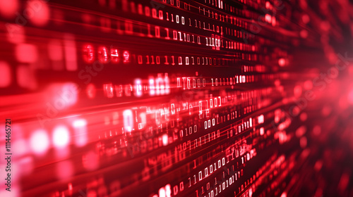 Digital data stream of binary nubers and glass fiber lines, red technology background, concept for cyber security and modern information exchange