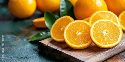 Fresh Sliced Oranges with Green Leaves on Rustic Background photo