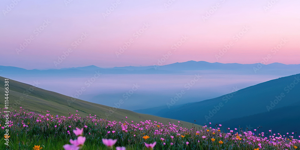 Obraz premium Serene foggy mountain landscape with rolling hills and vibrant wildflowers at sunrise