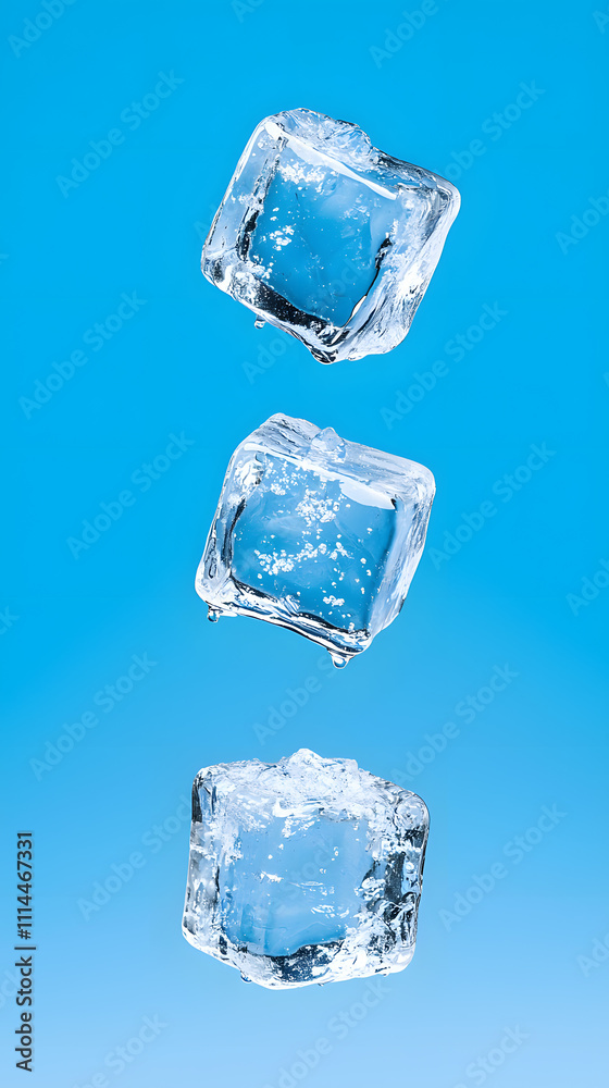 Splashing ice cubes scattered in mid-air, dynamic motion effect isolated on white background Splashing ice cubes scattered in mid-air, dynamic motion effect isolated on white background