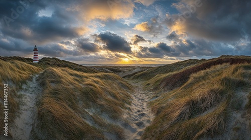 Sunset over coastal dunes with a lighthouse path.