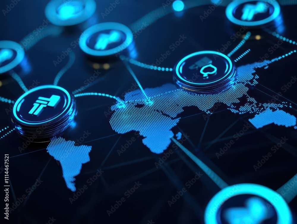 Fototapeta premium 3D visualization of an AIpowered global payment system connecting countries, technology ensuring secure financial success