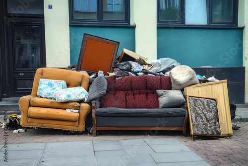 A pile of discarded furniture including a sofa, chair, and various cushions on a city sidewalk, highlighting urban waste and the need for proper disposal or recycling. photo