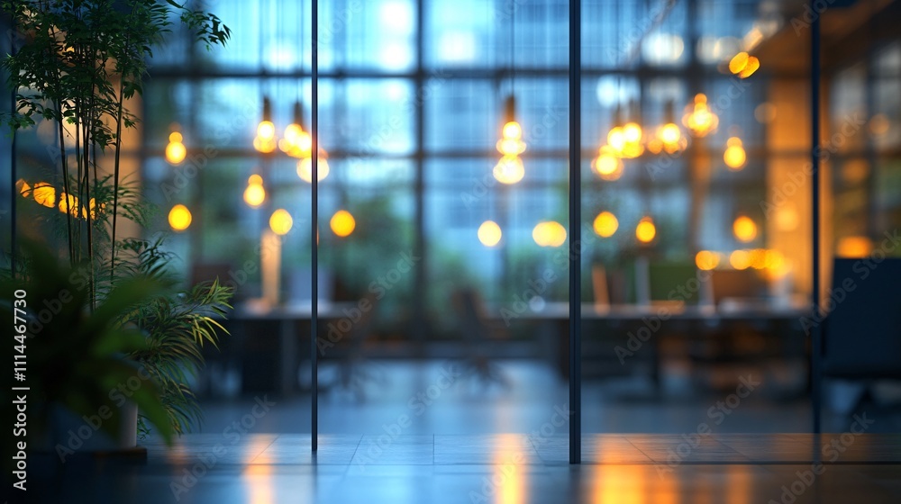 Fototapeta premium A modern IT office space with a blurred background, glass surfaces visible through the LED strips