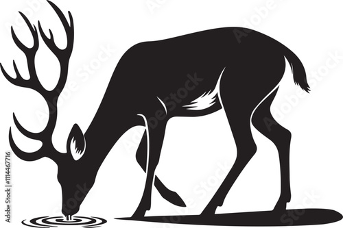 silhouettes of a deer drinking water vector art illustration.