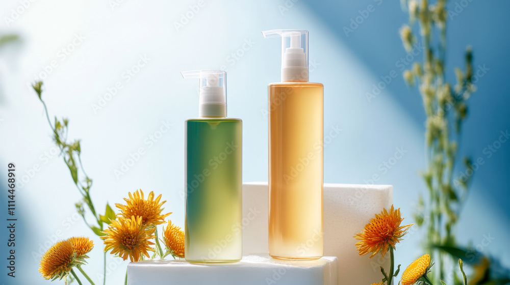 bright blue sky background, two facial cleansers on the steps, there is little foam in the corner, bright blue sky background, two facial cleansers on the steps, there is little foam in the corner,