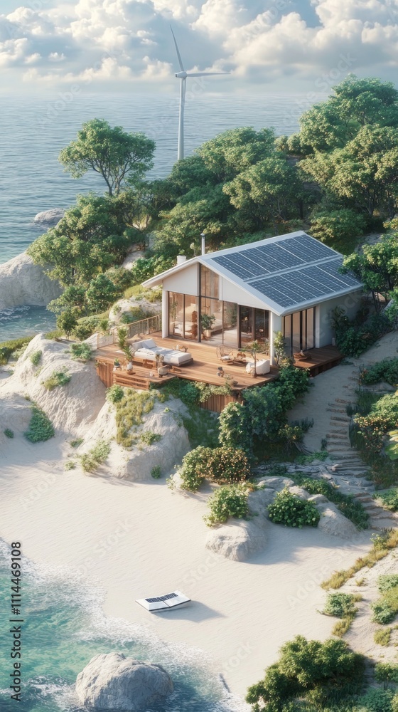 Eco house on a beach cliff surrounded by lush greenery and ocean views with solar panels and a wind turbine nearby Eco house on a beach cliff surrounded by lush greenery and ocean views with solar panels and a wind turbine nearby
